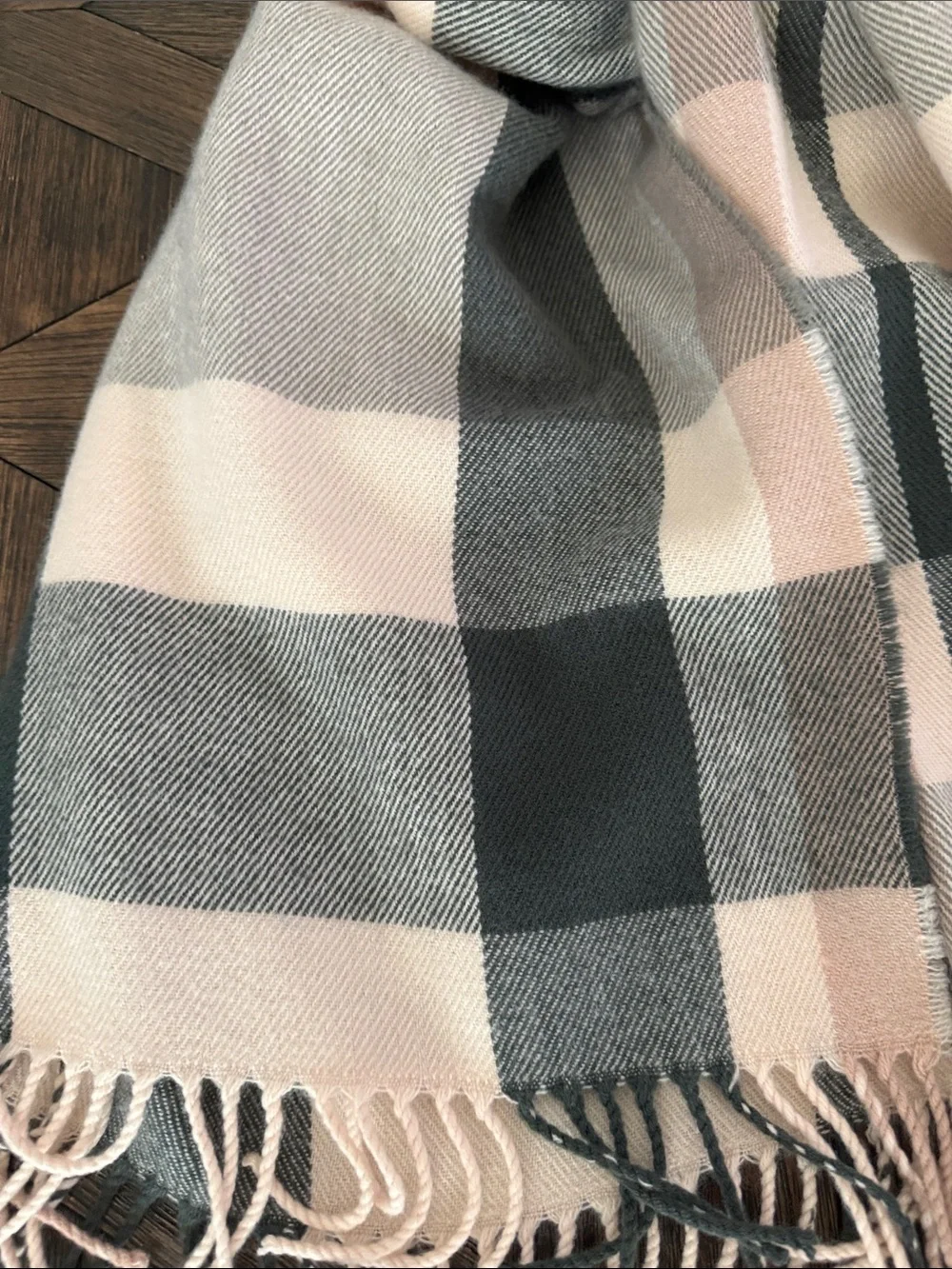 J.Crew Classic Plaid Blanket Scarf Pink Cream Gray Oversized Fringe Wrap
